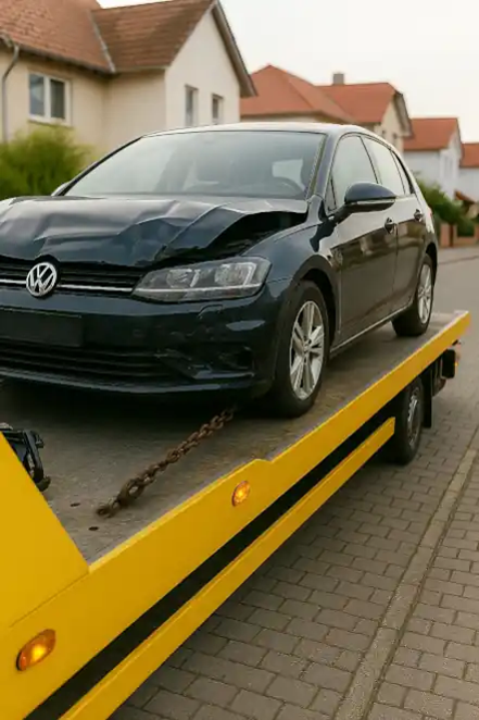 Ein defektes Auto wird für den Autoankauf in Bergheim professionell abgeschleppt.